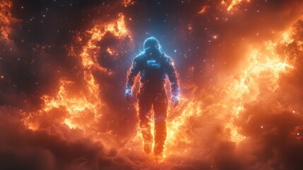 Astronaut walking through fiery nebula in space