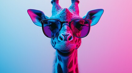 Stylish giraffe portrait in neon light wearing glasses.