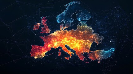 A digital glowing map showing the countries of the European continent