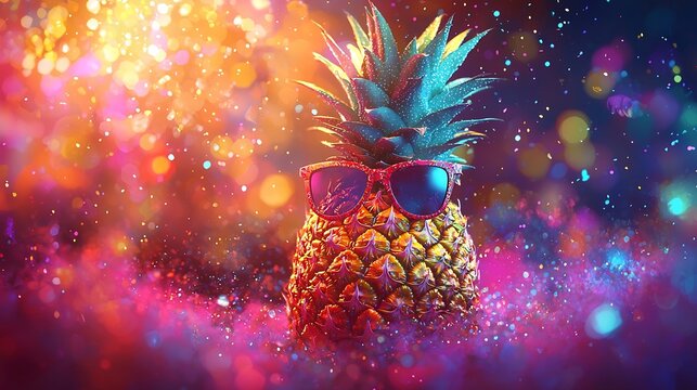Cool pineapple with sunglasses in vibrant confetti.
