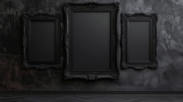 Three gothic picture frames on black vintage wall