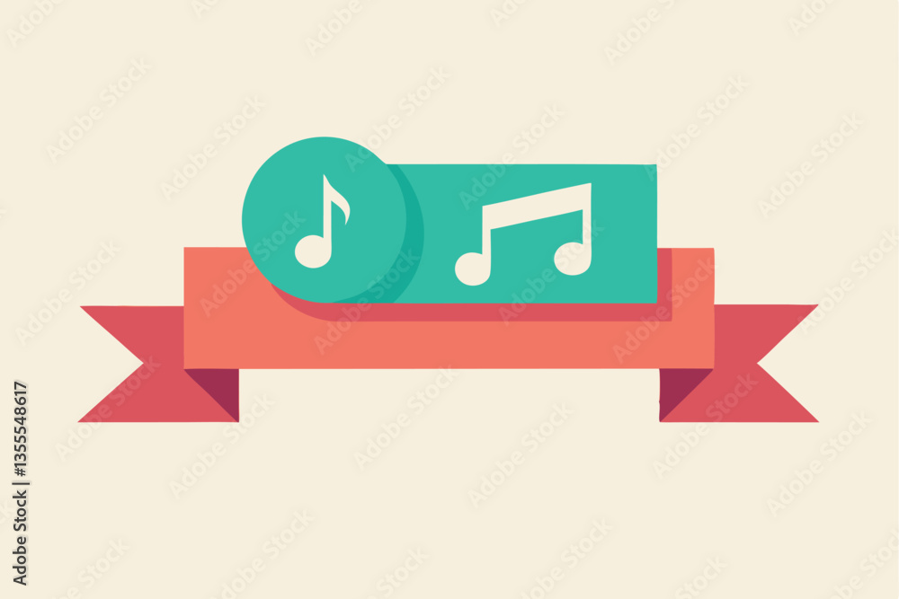 Poster vector illustration of a minimal music note chat bubble design with a ribbon in a light color palett