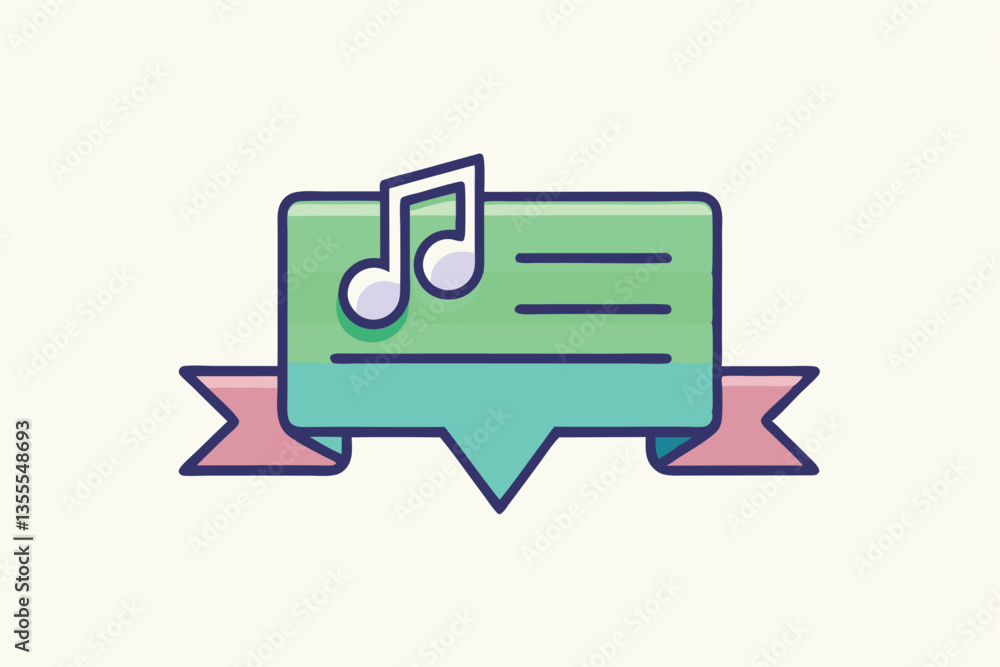 Poster vector illustration of a minimal music note chat bubble design with a ribbon in a light color palett