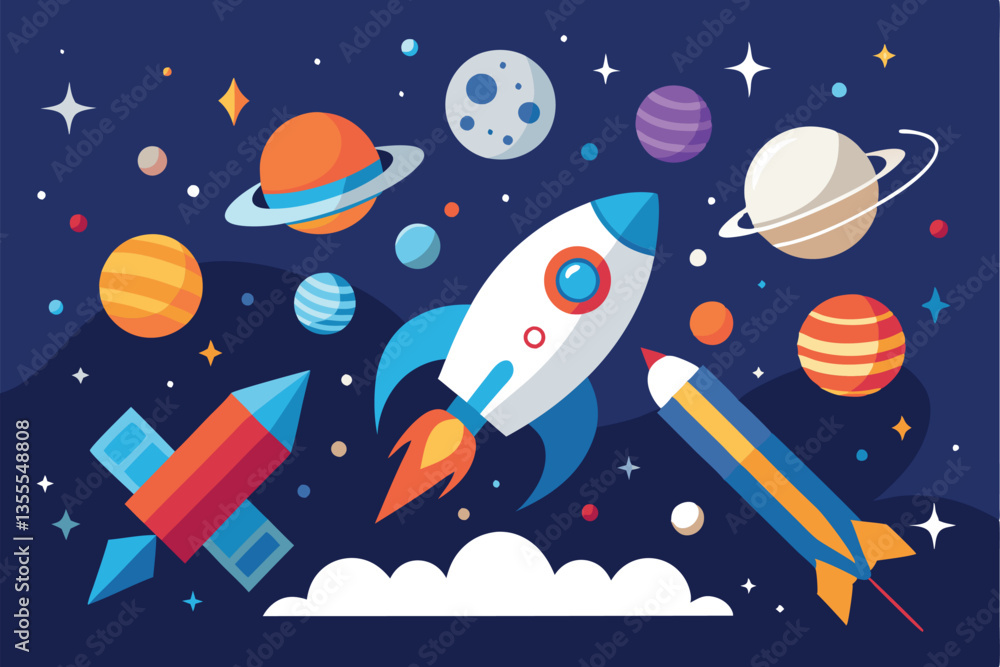 Poster explore the wonders of space in a minimal vector illustration featuring rockets, planets, and stars 