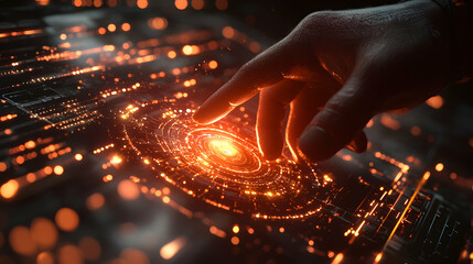 A hand interacts with a glowing circuit board highlighting technological advancement and data manipulation. Application: Cybersecurity presentations or futuristic UI designs.