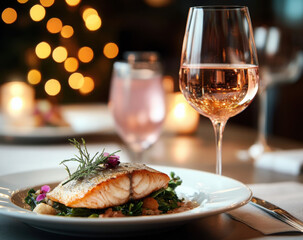 Gourmet dish of grilled fish and rose wine in restaurant. Stylish ambience, food presentation, culinary delicacy. Healthy dinner. Table setting with violet flowers garnish. Seafood meal.
