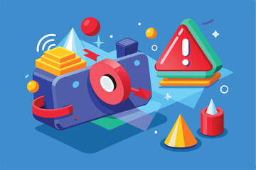 Vector illustration of a bright and minimal camera surrounded by geometric shapes and warning signs on a playful purple background