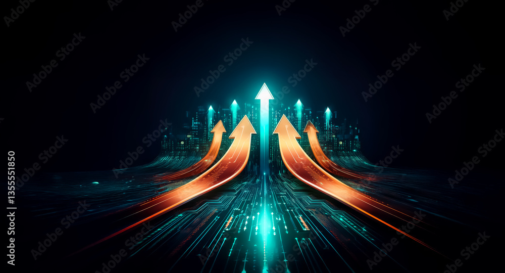 Aufkleber glowing arrows ascend on dark backdrop, symbolizing digital progress and future technology. represen