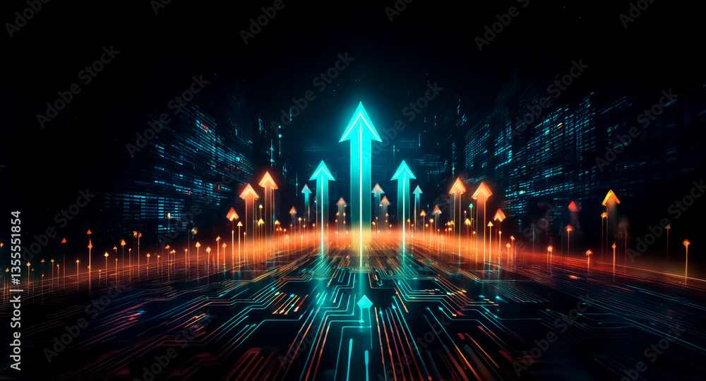 Poster glowing arrows point upwards in a futuristic digital cityscape, symbolizing technological growth and