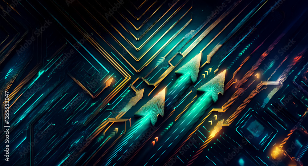 Poster a futuristic abstract background featuring glowing teal arrows pointing upwards on a circuit board-l