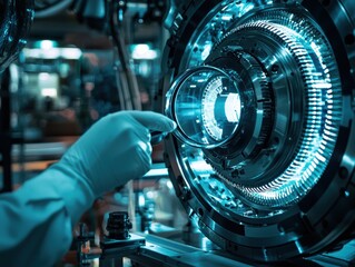 Obraz premium Closeup inspection of electric motorcycle stator workshop high-fidelity image industrial setting macro view detail-oriented concept