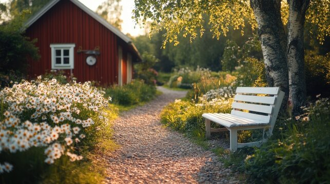 Swedish summer garden with wildflowers, berry bushes, and red cottage near a white bench under birch tree

