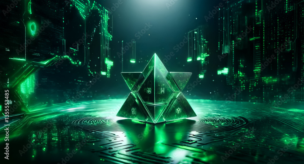 Poster geometric green star shape in a digital space. abstract background with a reflective surface creates