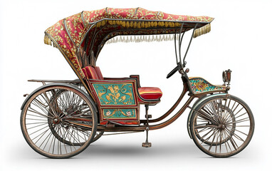 Fototapeta premium Classic Rickshaw Bicycle with Elegant Passenger Carriage Isolated On White Background.
