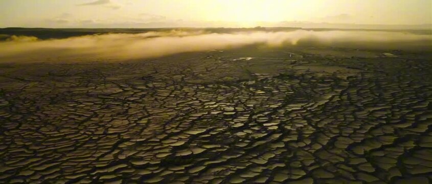 A vast stretch of cracked, dry earth spreads under the heat of the sun. Deep fissures carve intricate patterns across the parched ground, emphasizing the harsh, desolate landscape