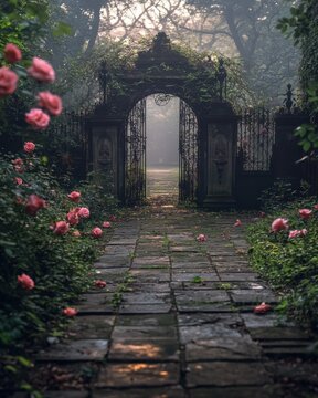 Overgrown English garden with cracked stone paths, ivy-covered statues, and wild roses at misty sunrise

