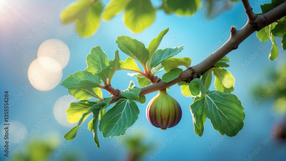Poster fig tree sprouts and green figs under sunny conditions, with a blurred background featuring bokeh an