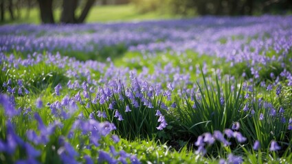 Obraz premium Field filled with vibrant wild bluebells under spring sunlight.