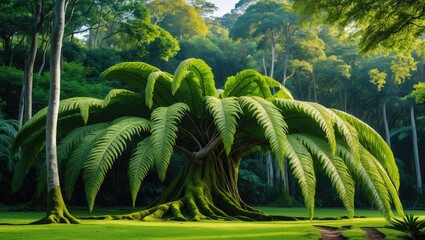 Ferns, green leafy plants depend on tall trees.