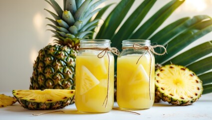 Fermented Pineapple Kombucha Beverage - Homemade probiotic superfood tea with juice. Healthy flavored beverage. Copy space.