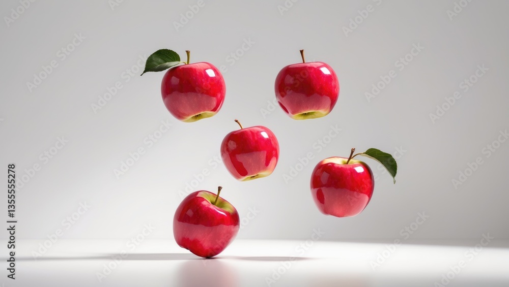 Poster falling red apples on a white background with clipping path and glossy reflections.