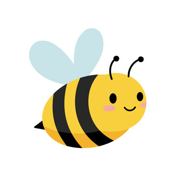 an adorable vector illustration of a cartoon bee. The bee should have a vibrant yellow body with black stripes, two smiling eyes, pink cheeks, and small black antennae.