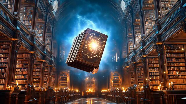 Magical floating book in a grand library with glowing lights and ancient books, creating a mystical atmosphere

