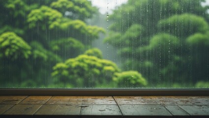 Empty wooden table by window during rainy day. Space available for text.