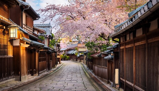 京都祇園 春の風情あふれる伝統的な町並み