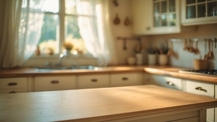 Empty wooden desk in front of a blurred kitchen window for product display.