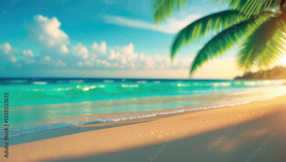 Poster empty beach of sand in front of summer sea with palm tree background and space for text.