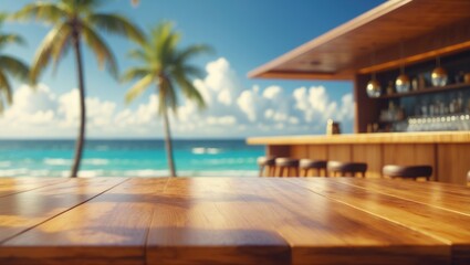 Fototapeta premium Empty summer holidays backdrop. Horizontal travel advertisement banner for product promotion. Wooden tabletop in the foreground, blurred vacation scene. Panoramic empty bar counter highlighted.