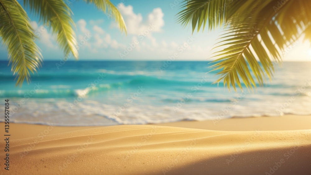 Poster empty sand beach facing the summer sea with a palm tree backdrop featuring copy space.