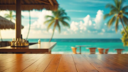 Empty summer holidays backdrop. Horizontal travel banner for product promotion. Wooden tabletop in the foreground, blurred vacation scene. Panoramic focus on an empty bar counter.