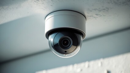 CCTV security camera mounted on a white ceiling, functioning indoors with empty space for text. Concept of safety control and crime prevention.