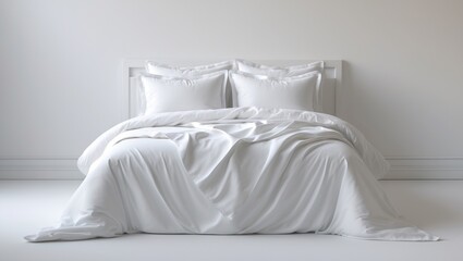Empty bedding items mockup set. Front view of bed linen. White bed featuring a clipping path. Duvet and pillows set prepared for display.