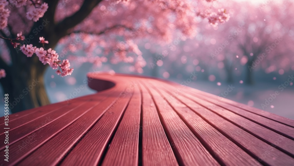 Poster perspective of empty red wood against blurred blooming trees with a bokeh background, suitable for p
