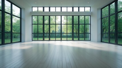 Fototapeta premium Empty room featuring a large window in loft style. Bright and clean space suitable for an office.