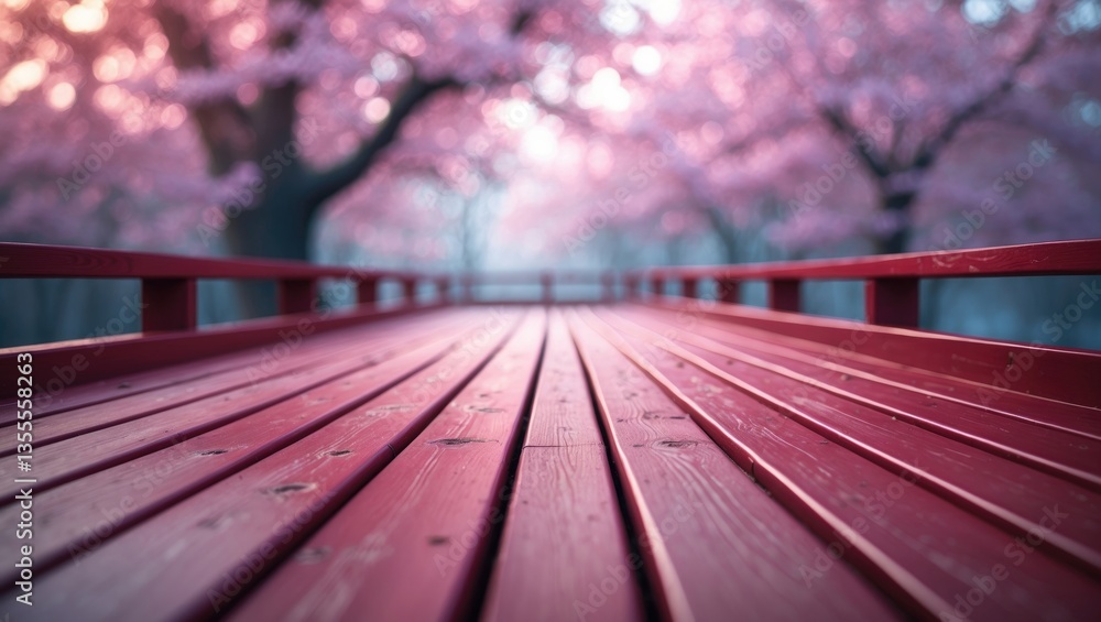 Poster empty viewpoint of red wood on blurred blooming trees with bokeh background, for product display mon