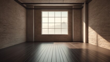 Empty room featuring a large window in loft style. Wooden flooring and brick wall in a contemporary interior.