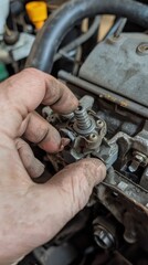 Reinstalling newly cleaned coolant radiator core garage mechanical maintenance indoor close-up view high fidelity imaging