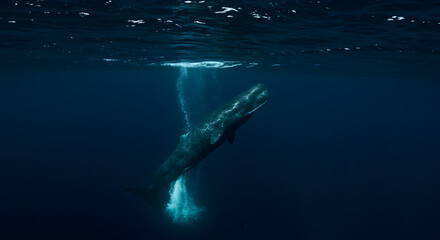 Fototapeta premium Whale Breaching Underwater Creating Bubbles in Dark Ocean Environment
