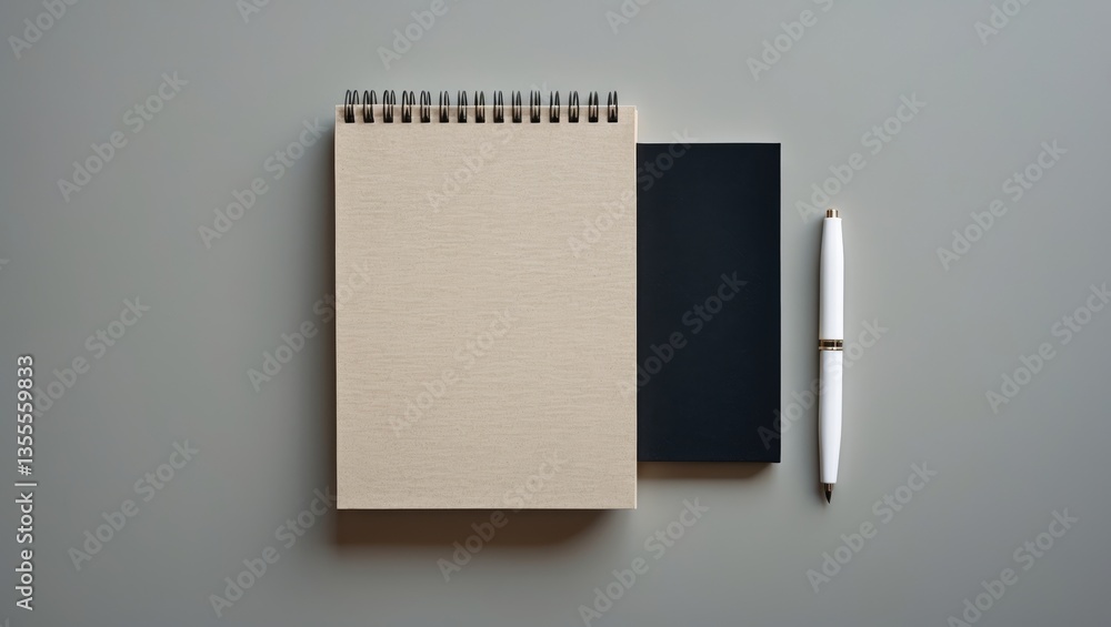 Poster top view of a notepad with pencil arranged on a table background. paper note pad.