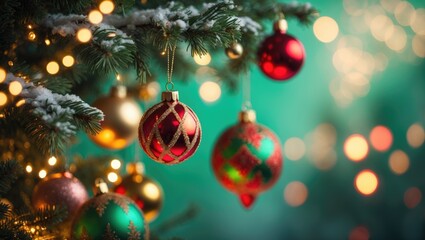 Obraz premium Christmas bauble suspended on branches with sparkling, Christmas tree adorned with ornaments, blurred transition background, Bokeh effect featuring garlands, traditional serene moments.