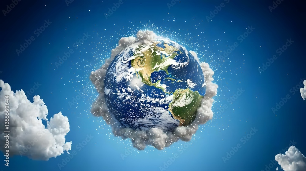 Poster the image shows a digital rendering of planet earth partly obscured by dark grey and white clouds, w
