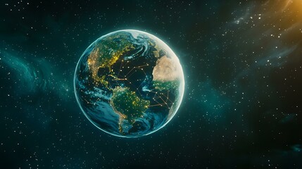 Obraz premium The image shows a digitally enhanced view of planet Earth from space, at night. City lights illuminate the continents, while a network of glowing lines connects various points across the globe, symb