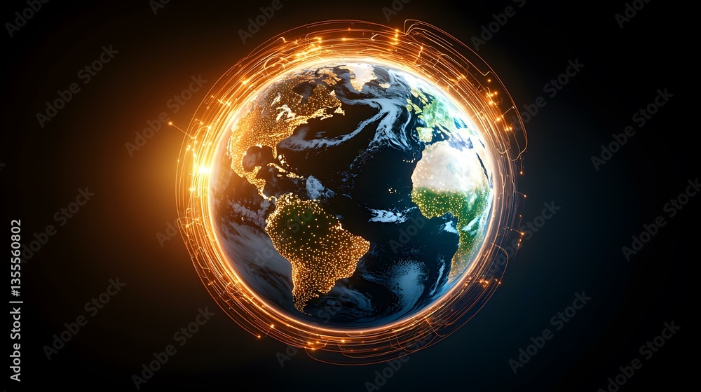 Poster the image shows a realistic rendering of planet earth, illuminated with bright lights depicting city