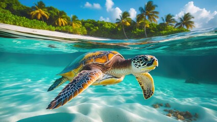 Scenery of the Caribbean Sea featuring a green turtle.