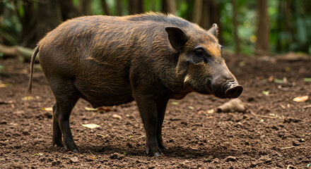 Fototapeta premium Standing wild pig with dark hair in forest on dirt ground
