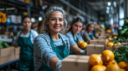 Happy female worker in a food processing warehouse with colleagues packing citrus fruits.